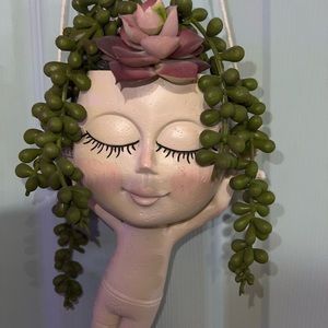 Hanging Pot Head Planter with faux succulents New